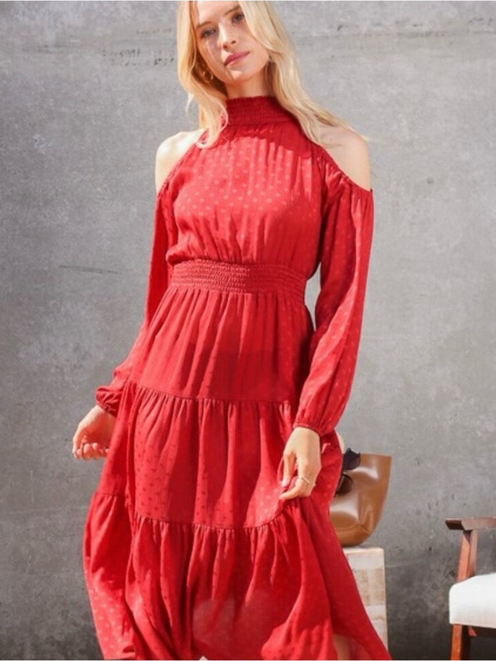 NWT Lumiere Red Cold-Shoulder Smocked Waist Tiered Maxi Dress. Size Medium